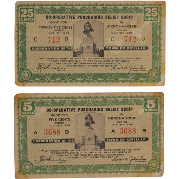 Canada Orillia Ontario 1936 Co-Operative Purchasing Relief Scrip 5 Cents and 25 Cents