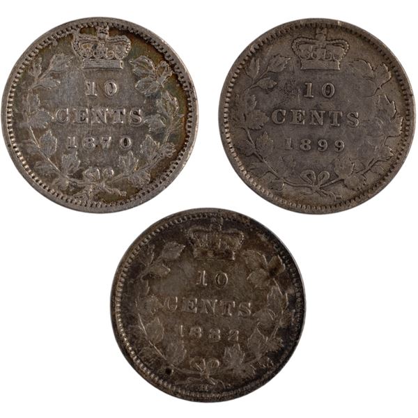 Canada 1870, 1882H, 1899 10 Cents (3 Pieces)