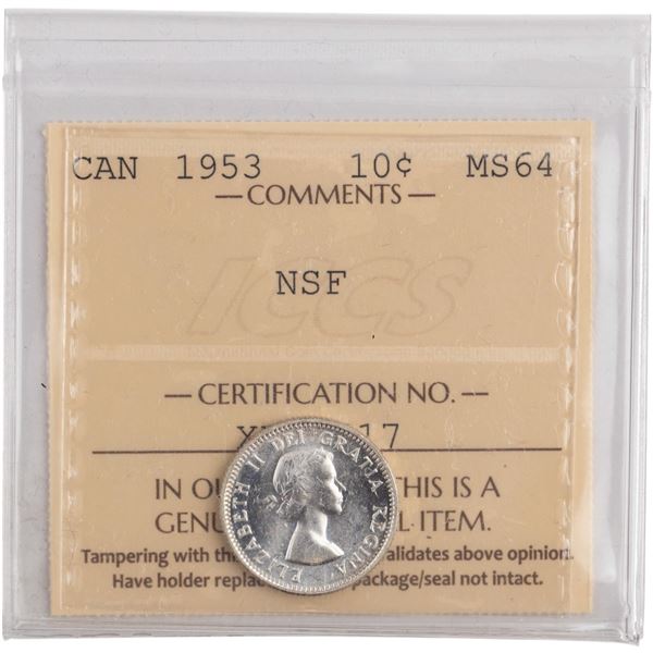 Canada 1953 Silver 10 Cents NSF No Should Fold