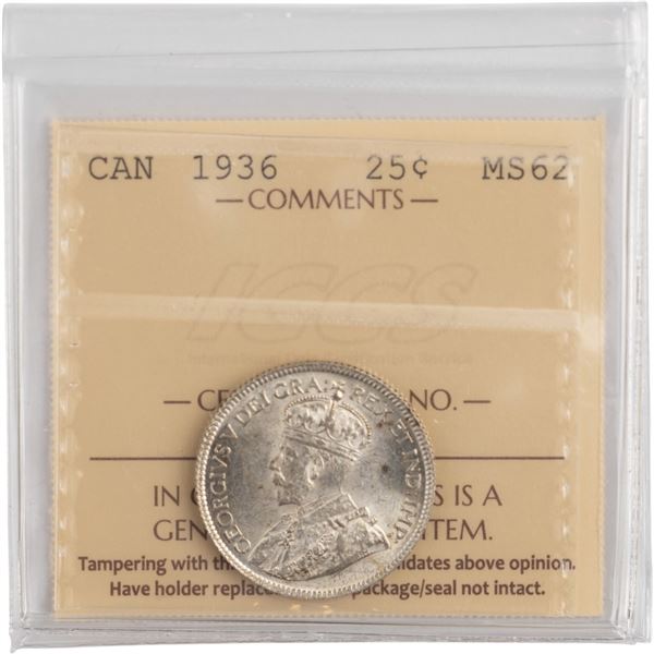 Canada 1936 Silver 25 Cents