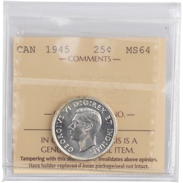 Canada 1945 Silver 25 Cents