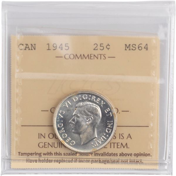 Canada 1945 Silver 25 Cents