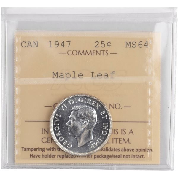 Canada 1947 Silver 25 Cents Maple Leaf