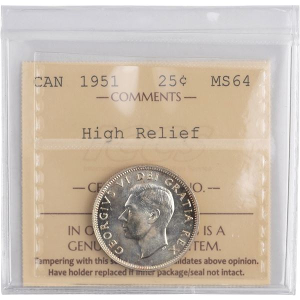 Canada 1951 Silver 25 Cents High Relief