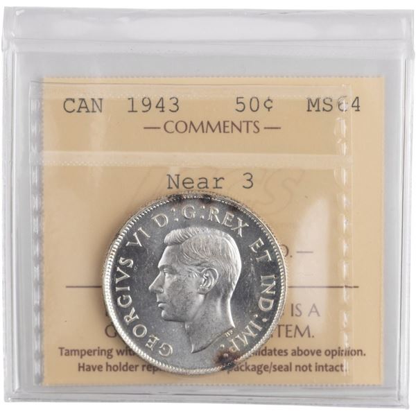 Canada 1943 Silver 50 Cents Near 3