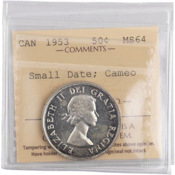 Canada 1953 Silver 50 Cents Small Date
