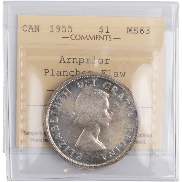 Canada 1955 Anprior Planchet Flaw Silver Dollar