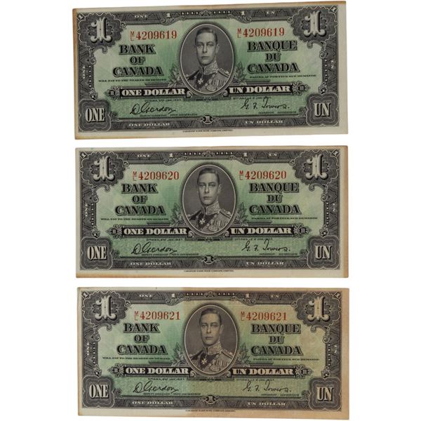 Bank of Canada 1937 $1 Banknote Gordon-Towers M/L BC-21c 3 in Sequence