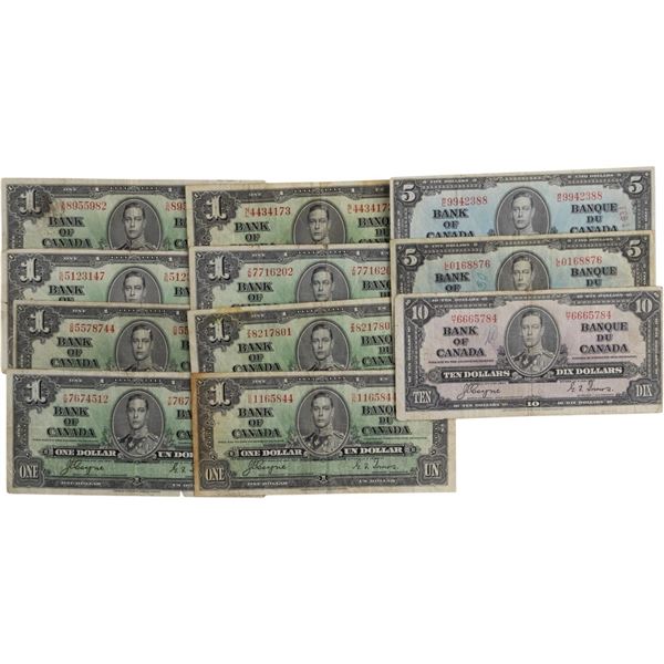 Bank of Canada 1937 $1-$10 Banknote Lot (11 Pieces)