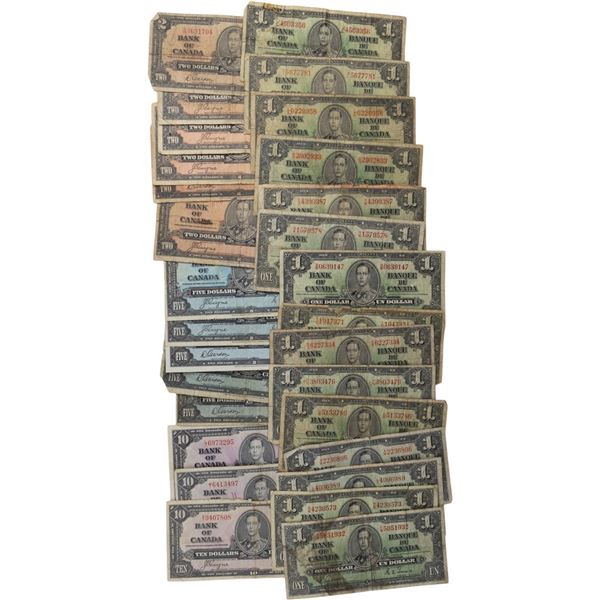 Bank of Canada 1937 $1-$10 Banknote Lot (29 Pieces)