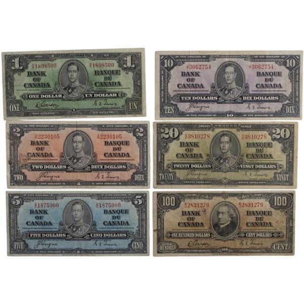 Bank of Canada 1937 $1-$100 Banknote Lot (6 Pieces)