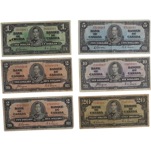 Bank of Canada 1937 $1-$20 Banknote Lot (6 Pieces)