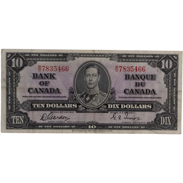 Bank of Canada 1937 $10 Banknote Gordon-Towers W/D BC-24b