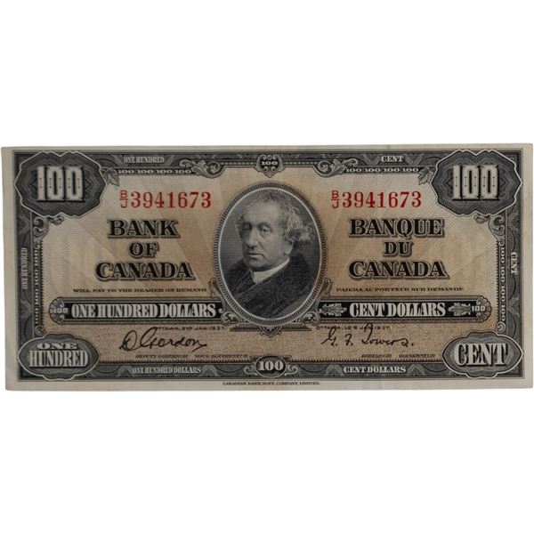 Bank of Canada 1937 $100 Banknote Gordon-Towers B/J BC-27b