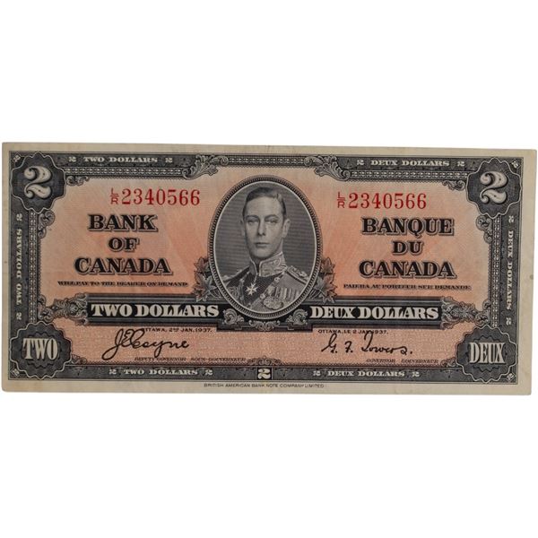Bank of Canada 1937 $2 Banknote Coyne-Towers L/R BC-22d