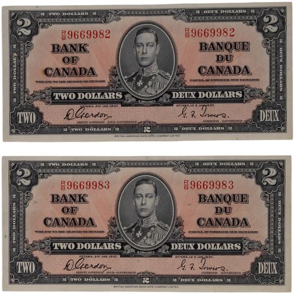 Bank of Canada 1937 $2 Banknote Gordon-Towers R/B BC-22b 2 in Sequence