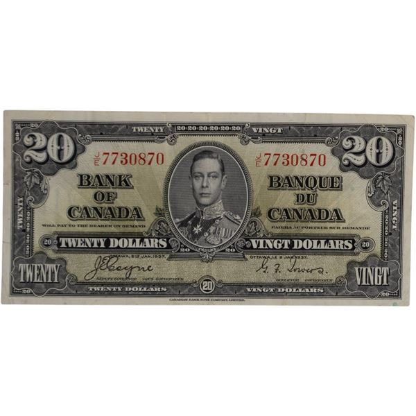 Bank of Canada 1937 $20 Banknote Coyne-Towers J/E BC-25c
