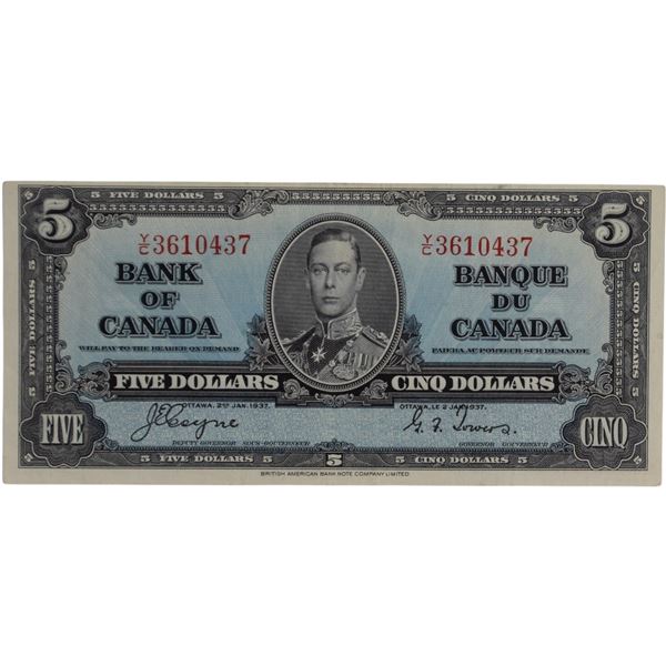 Bank of Canada 1937 $5 Banknote Coyne-Towers Y/C BC-23c