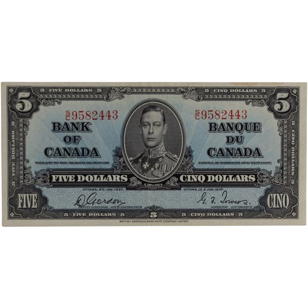 Bank of Canada 1937 $5 Banknote Gordon-Towers S/C BC-23b