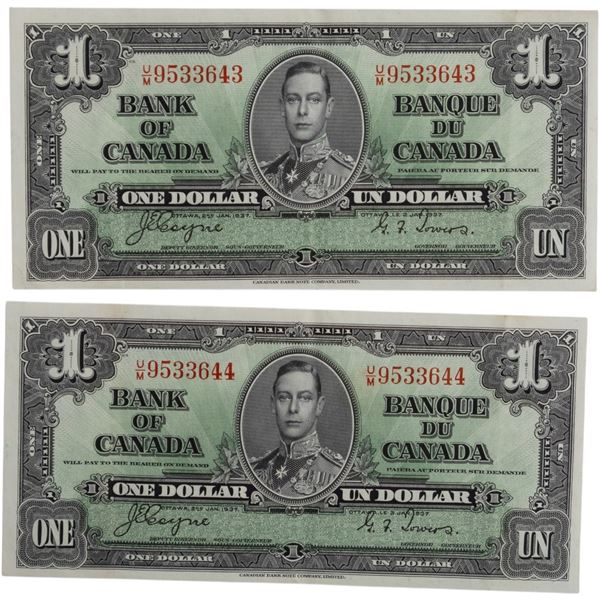 Bank of Canada 1937 Coyne-Towers U/M Banknotes in Sequence BC-21d (2 pieces)