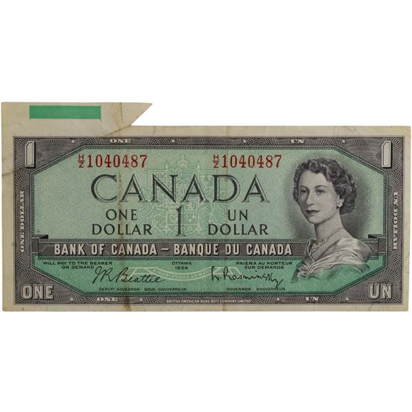 Bank of Canada 1954 $1 Banknote Butterfly Cutting Error H/Z BC-37b-i