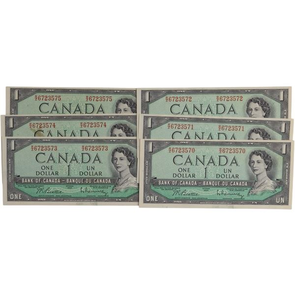Bank of Canada 1954 $1 Banknotes in Sequence BC-37b-i (6 Pieces)