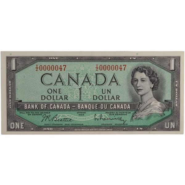 Bank of Canada 1954 $1.00 Banknote Low Serial Number I/Z 0000047 BC-37b-i
