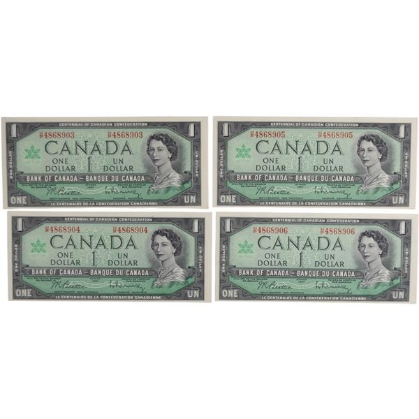 Bank of Canada 1967 $1 Banknotes 4 in Sequence BC-45b-i H/P
