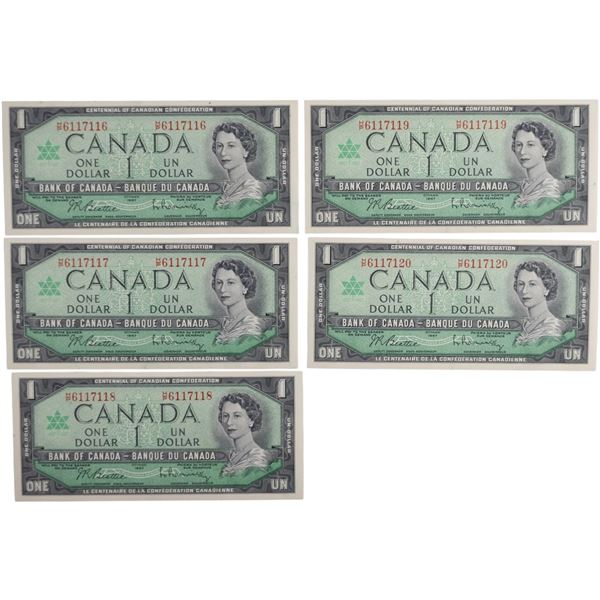 Bank of Canada 1967 $1 Banknotes 5 in Sequence BC-45b-i H/P