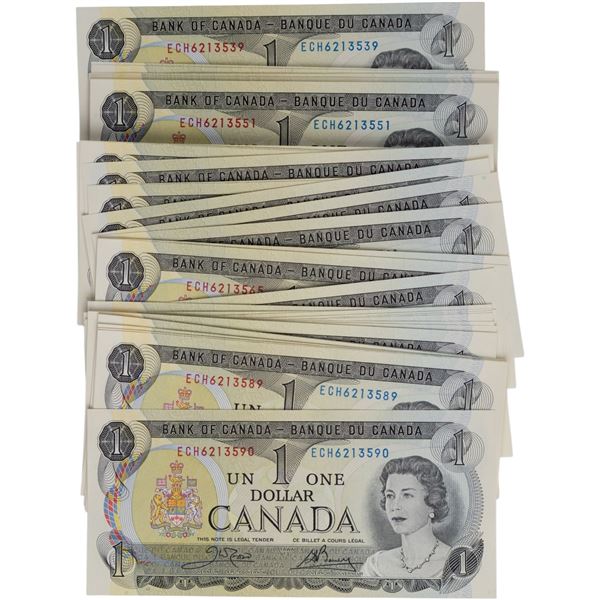 Bank of Canada 1973 $1 Banknotes in Sequence Crow-Bouey BC-46b (52 Pieces)
