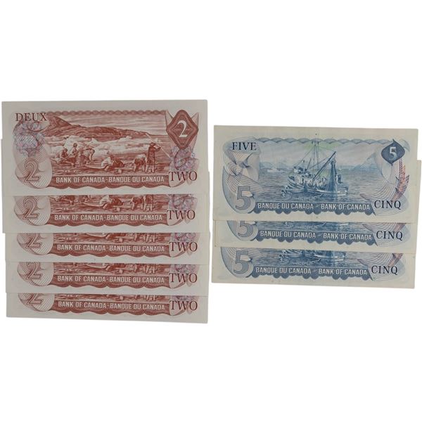 Bank of Canada 1974 $2, 1972 $5 Banknotes (8 pieces)