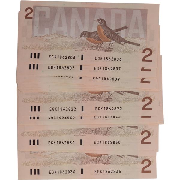 Bank of Canada 1986 $2 Banknotes in Sequence Thiessen-Crow BC-55b-i (31 pieces)