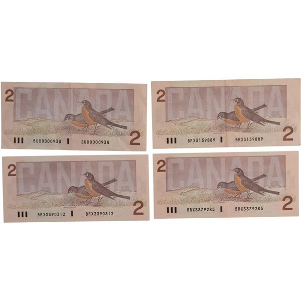 Bank of Canada 1986 $2 Banknotes Replacement and Low Serial Number (4 Pieces)