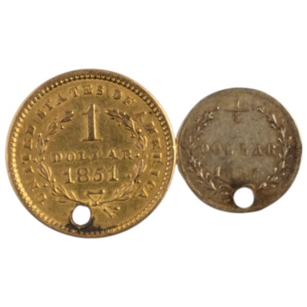 United States 1851-67 Gold 1/4 & 1 Dollar Holed