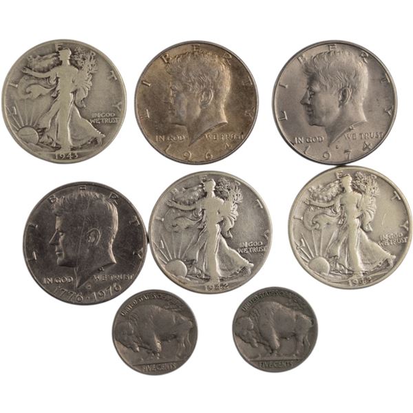 United States Buffalo Nickels and Fifty Cent Coin Lot (8 Pieces)