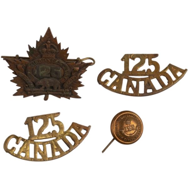Canada WW1 125th Canadian Regiment Cap badge, titles and button