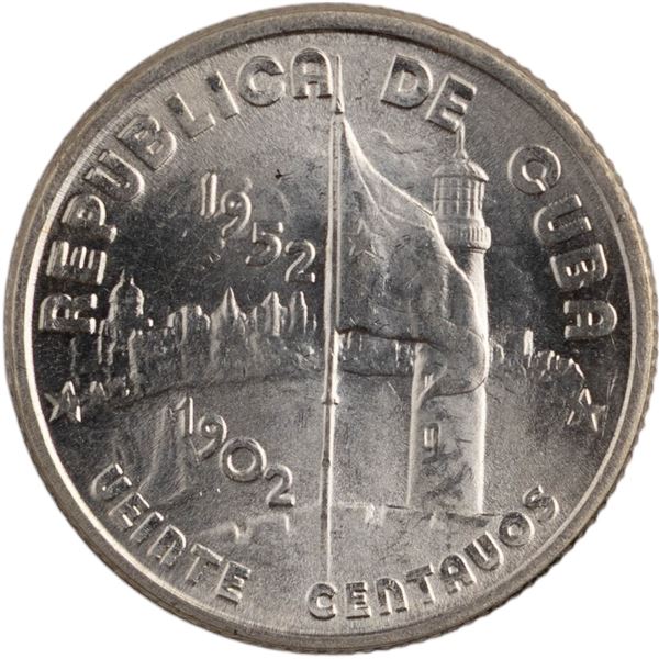 Cuba 1952 Silver 20 Centavos
