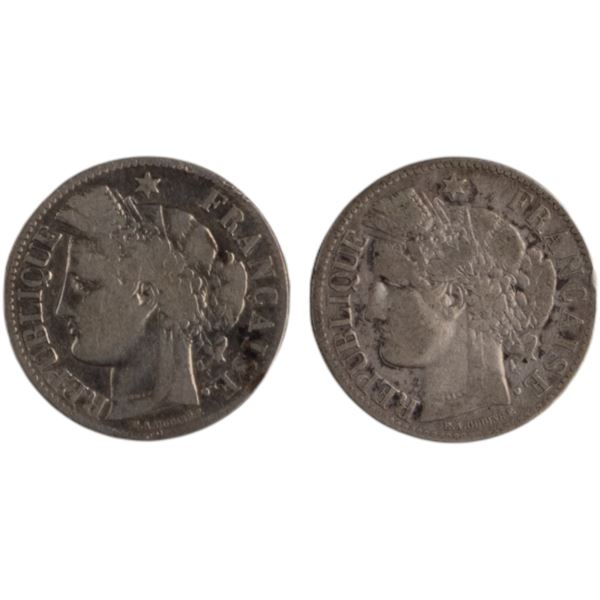 France 1871-87 Silver 2 Franc Coin Lot (2 Pieces)