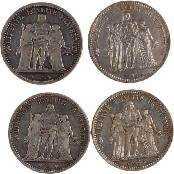 France 1873-76 Silver 5 Franc Coin Lot (4 Pieces)