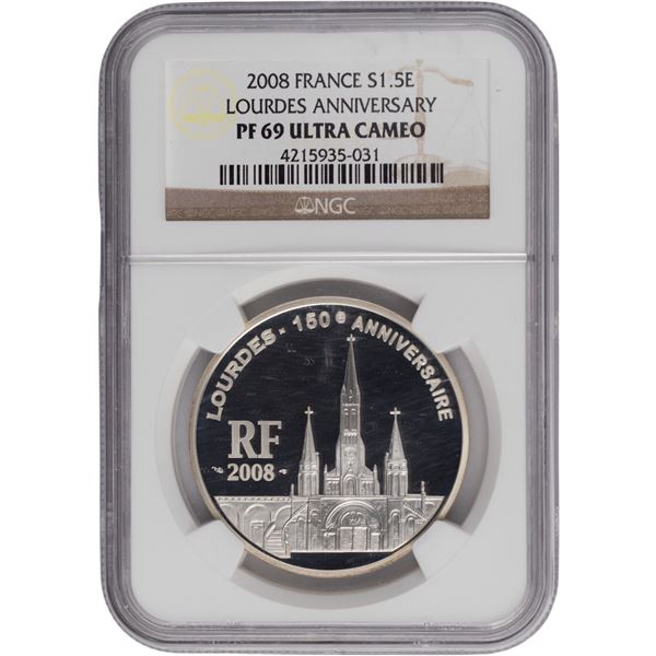 France 2008 1 1/2 Euro Lourdes Anniversary Pope John Paul II Silver Coin