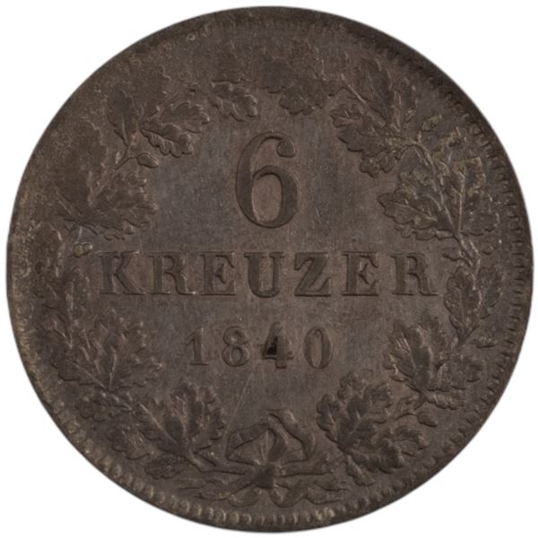 Germany 1840 Wurttemberg Silver 6 Kreuzer