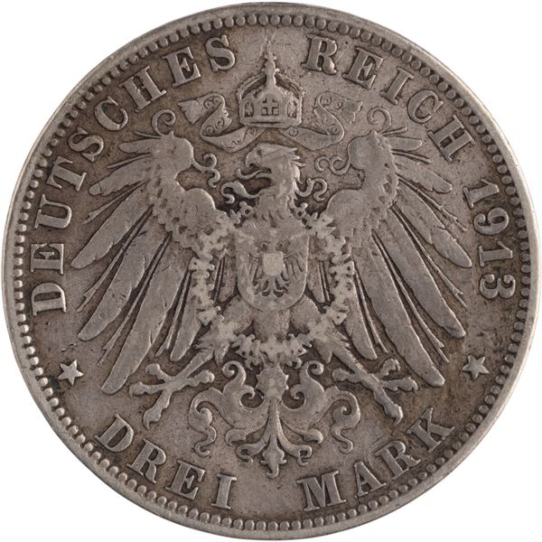Germany 1913 J Hamburg Silver 3 Mark
