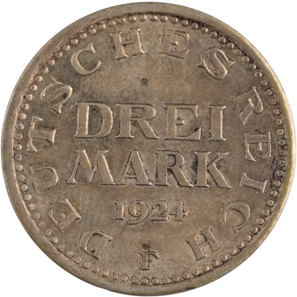 Germany 1924 F Weimar Republic Silver 3 Mark