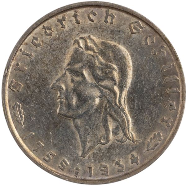 Germany 1934 F Silver 2 Reichsmark 'Friedrich Schiller' Mint Error