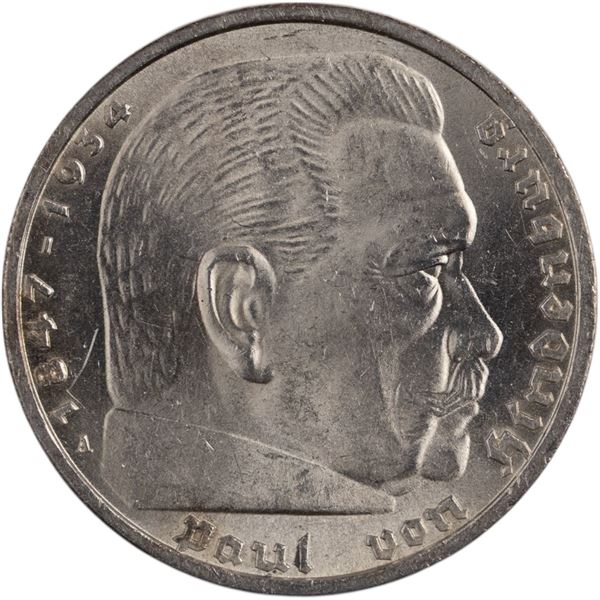 Germany 1936 A Silver 5 Mark Paul von Hindenburg