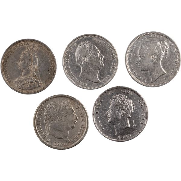 Great Britain 1820-1887 Silver Shillings (5 Pieces)