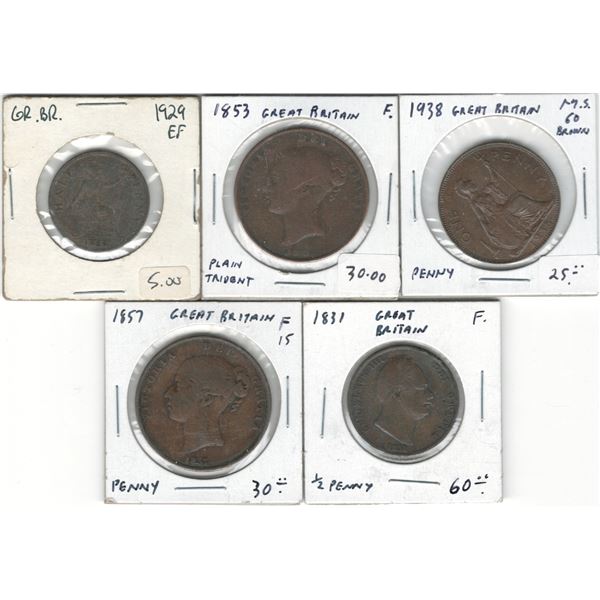 Great Britain 1829, 1831 Half Penny, 1853, 1857, 1929 Penny (5 Pieces)