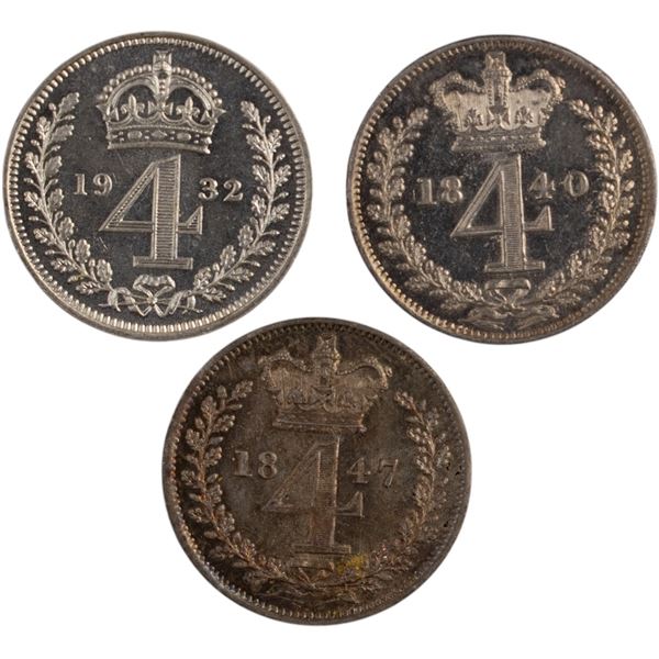 Great Britain 1840, 1847, 1932 Silver 4 Pence (3 Pieces) Prooflike