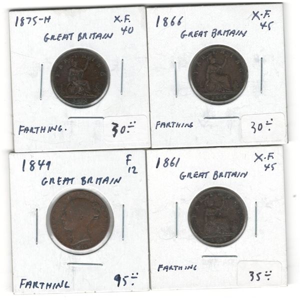 Great Britain 1849, 1861, 1866, 1875H Farthing (4 Pieces)