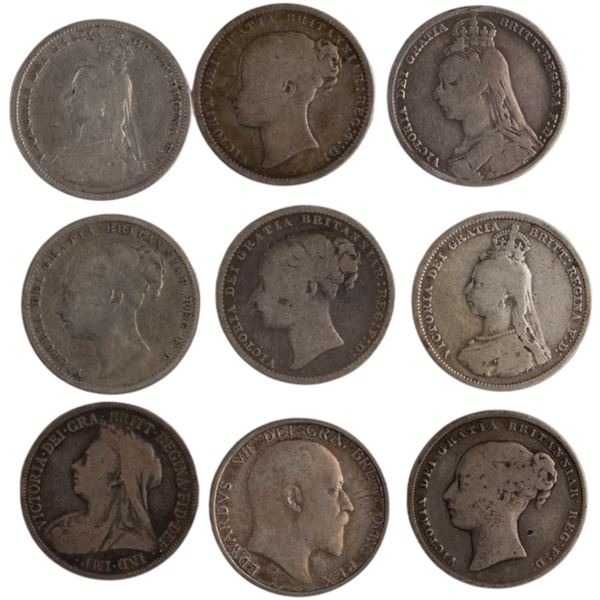 Great Britain 1857-1907 Silver Shilling Coin Lot (9 Pieces)